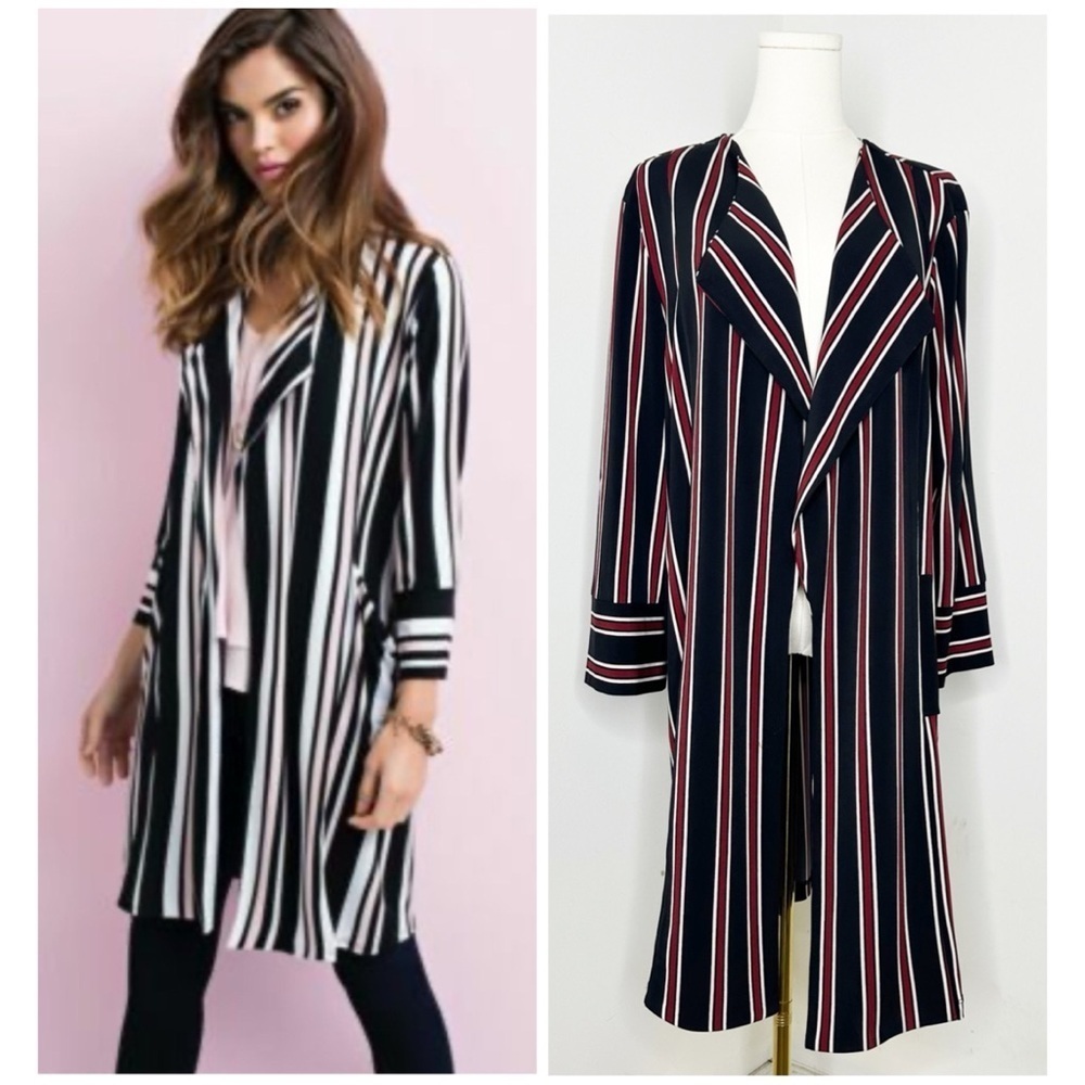 Frank Lyman Stripe Longline Open Front Stretch Knit Blazer Jacket Size 12